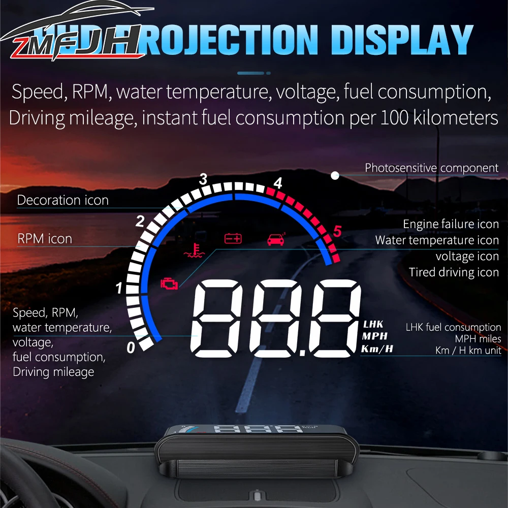 AD Car OBD2 Head Up Display Windshield Projector Speedometer With Overspeed Warning Water Temperature Voltage On-Board Computer