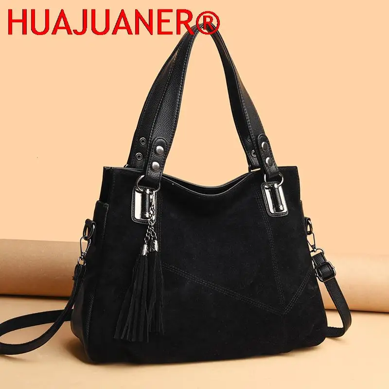 High Quality Women\'s Soft Suede Surface Leather Shoulder Crossbody Bag 2023 Luxury Tassel Handbag Large Capacity Ladies Tote Sac