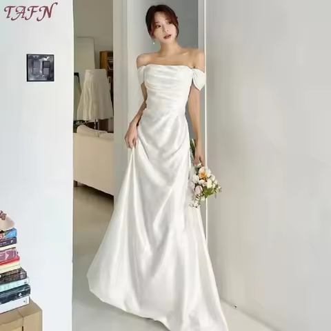 TAFN Korean Evening Party Dresses Customized Off the Shoulder Satin Wedding Snap Dress Elegant Sleeveless Corset Prom Dress