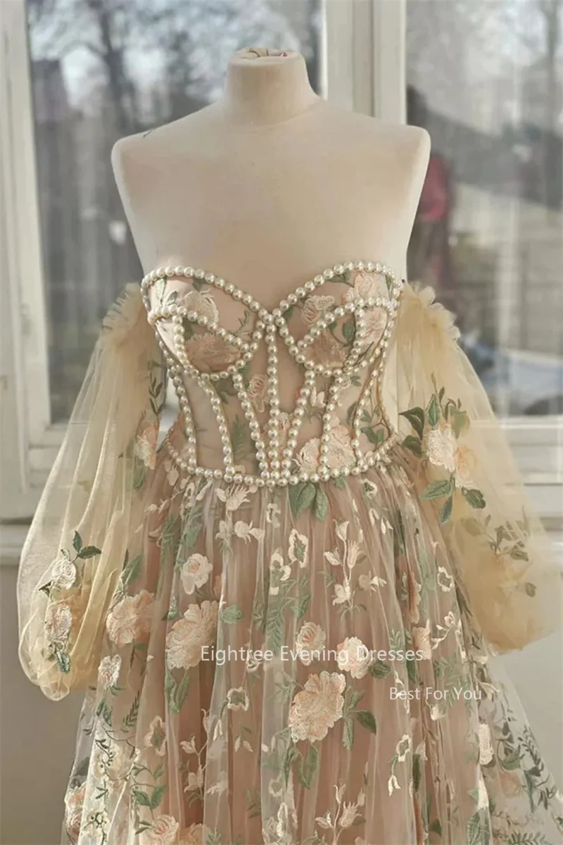 Eightree Fairy A-Line Special Party Dresses Embroidery Sweetheart Celebrity Eevening Dress Puff Sleevs Prom Gowns Corset Back