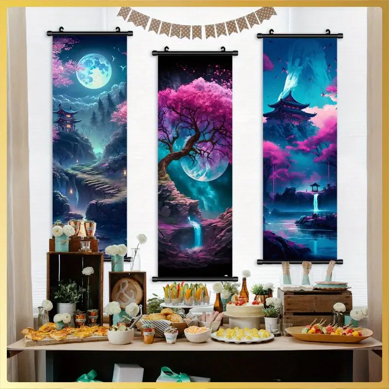 VIKAMA Purple Moon Cherry Blossom Wall Tapestry Pagoda Waterfall Neon Dreamy Scroll Art Home Decor Unique Gift Soft Durable Cozy