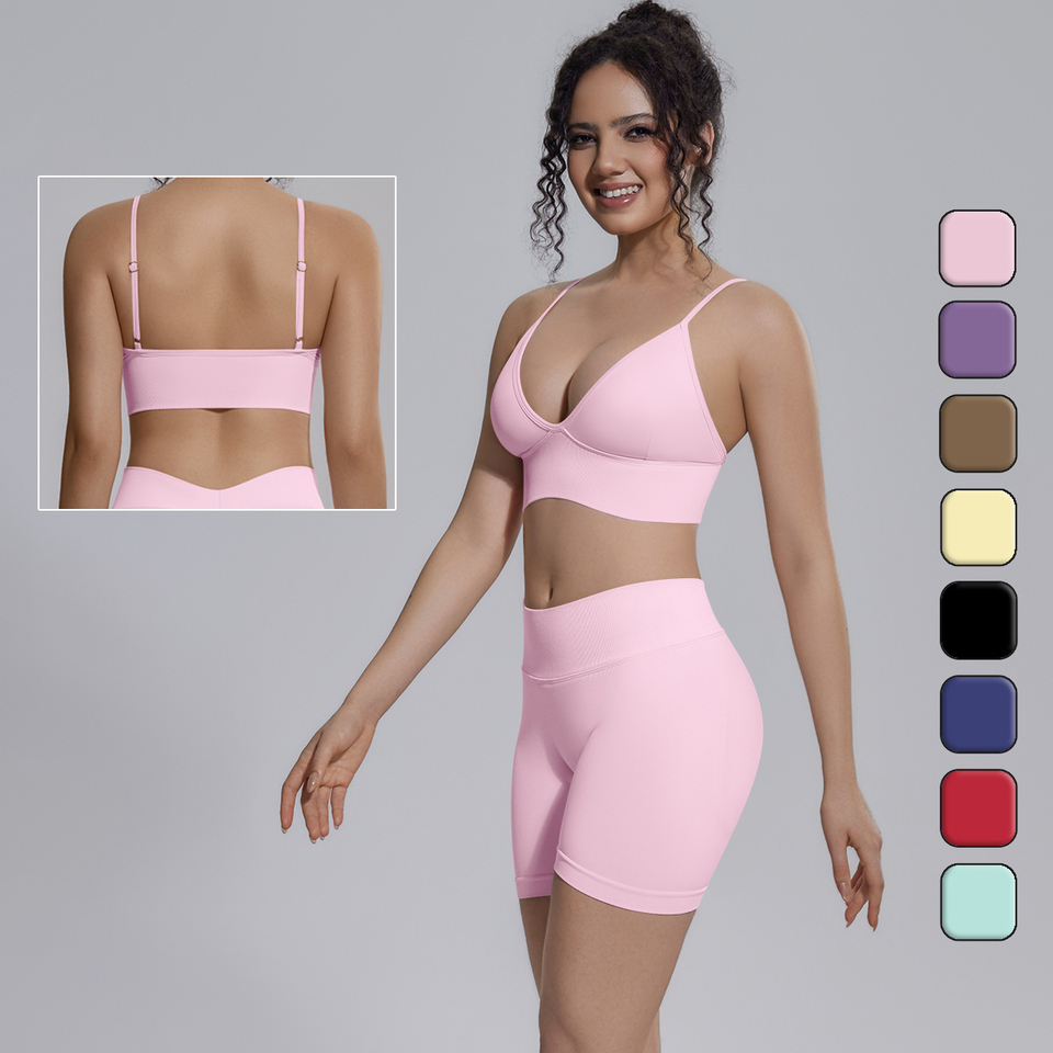  Rooftrellen Solid Color Summer Yoga Set Breathable Shock-absorbing Running Yoga Tank Bra Quick-Dry Seamless Fitness Shorts Set 