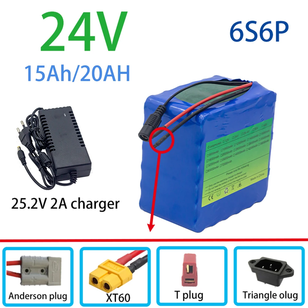 24V 15Ah/20Ah 18650 Lithium Battery 6S6P Rechargeable Battery Packs  For Electric Scooter Bicycle Batteries Solar BMS+ Charger