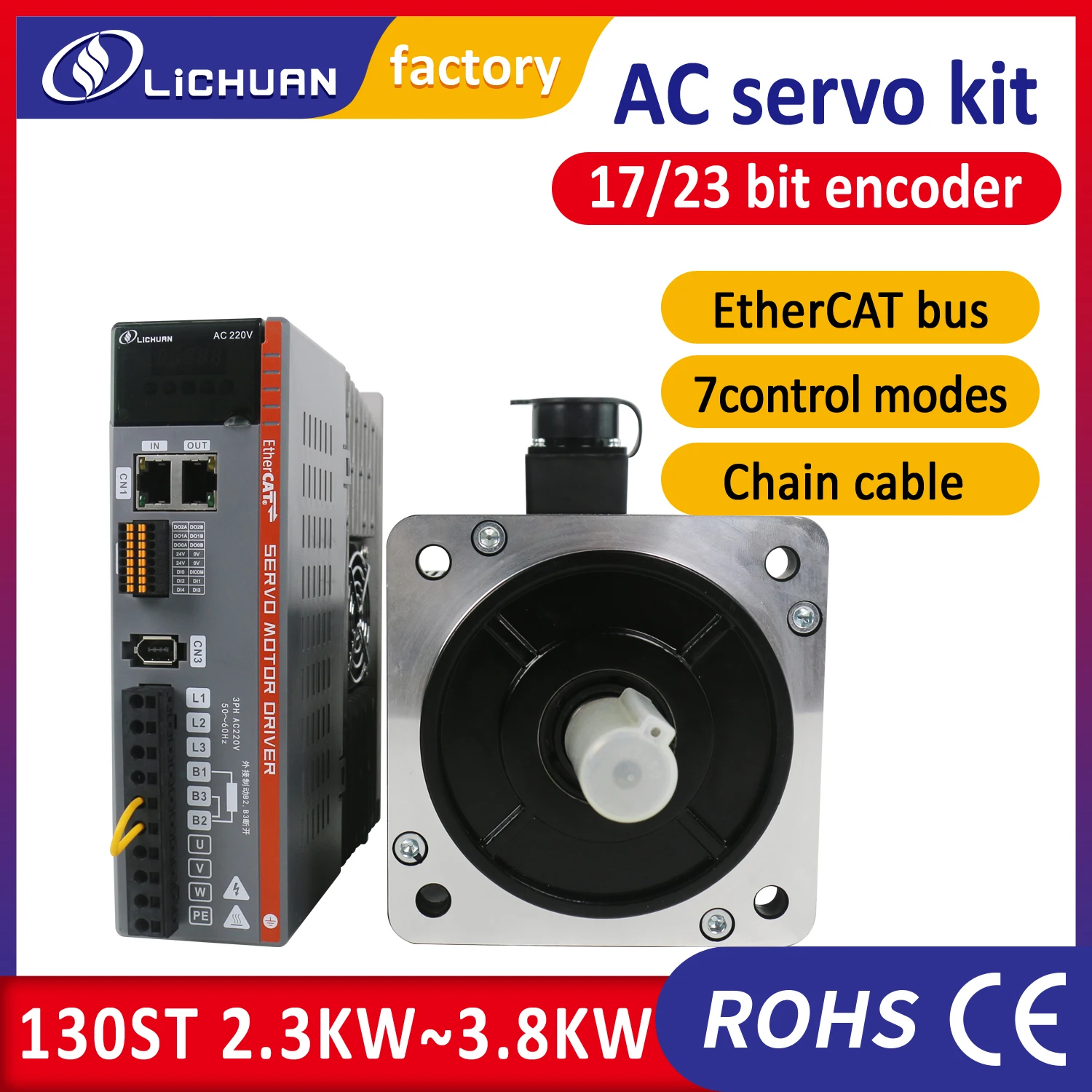 Lichuan EtherCAT 2.3KW servo motor 3.8KW servo motor 15Nm with servo driver 1phase AC220V 30A /50A for CNC packing machine