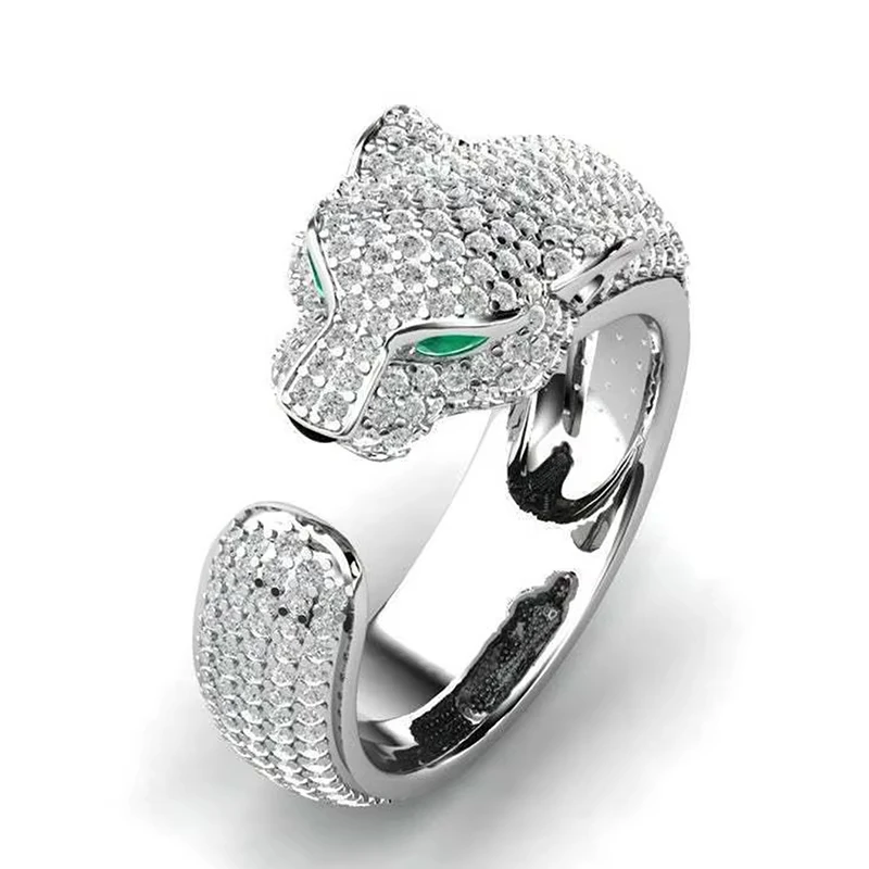 Huajie Personality Bright Zircon Leopard Head Rings Open Resizable Charms Rings Banquet New Fashion Jewelry