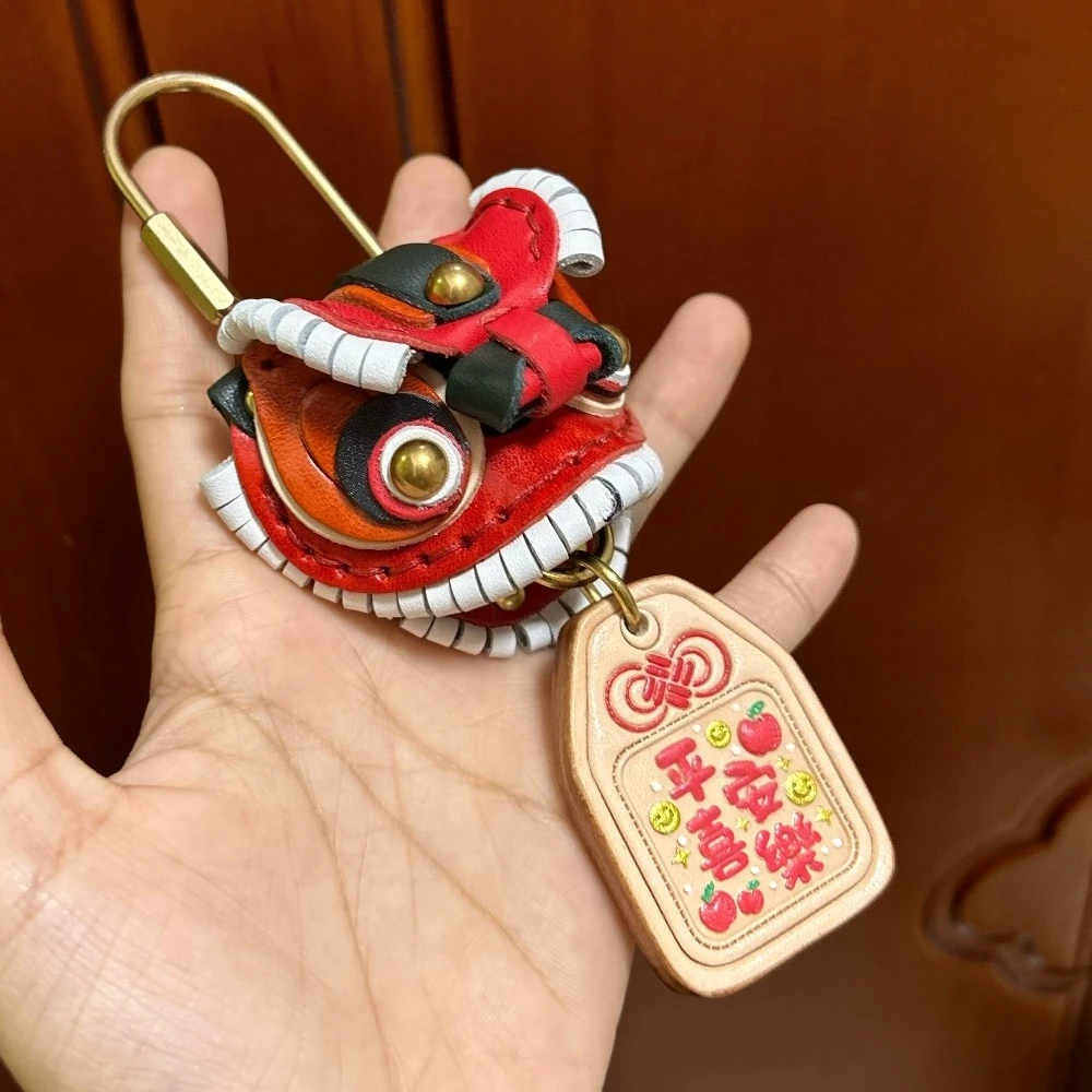 Handmade Top Layer Cowhide Chinese Style 3D Awakening Lion Pendant, Genuine Leather Ornament for Car Keychains and Bag Charms