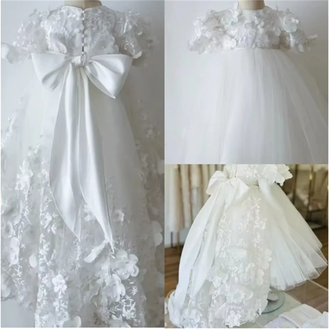 White Christening Gown for Little Kids Customized Lace Appliques Baby Cute First Communion Dresses Toddler Infant Baptism Gowns