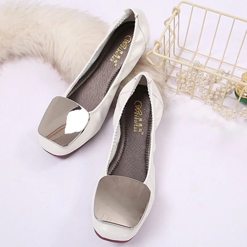 Woman Retro Spring Square Toe Cute Gold Mary Jane Comfortable Soft Soled Shoes Square Buckle Casual Flats Metal Female Loafers