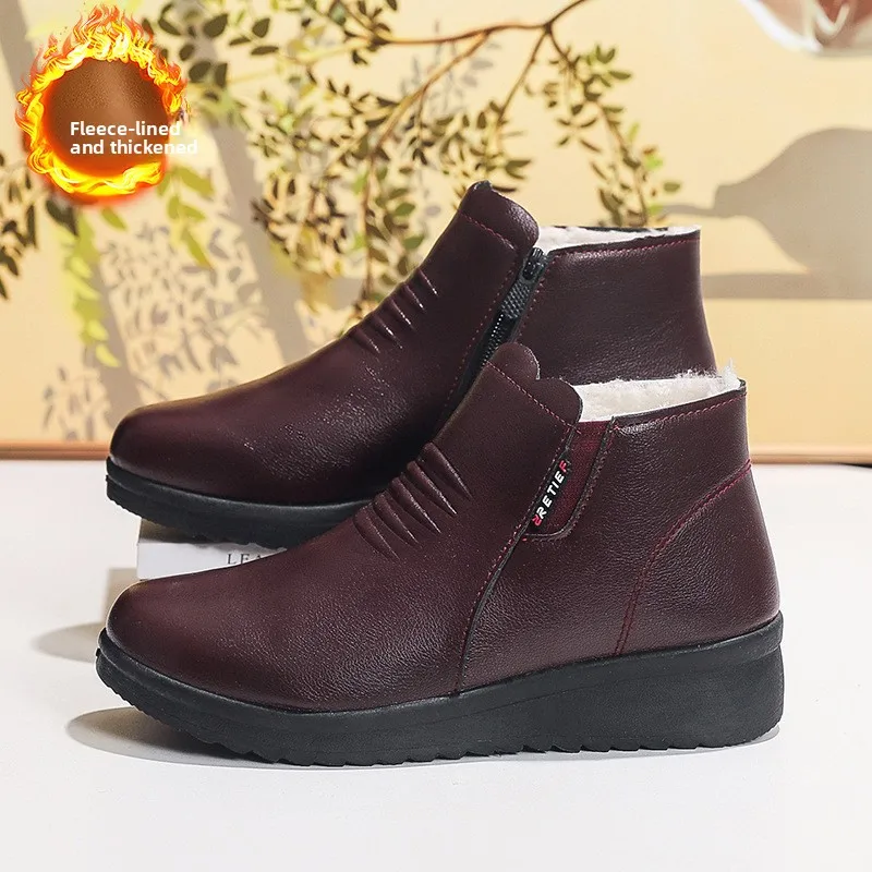 Zapatos de algodón cálidos y gruesos para mujeres de mediana edad y mayores, zapatos de invierno para mamá, fondo plano antideslizante con forro polar, fondo suave...