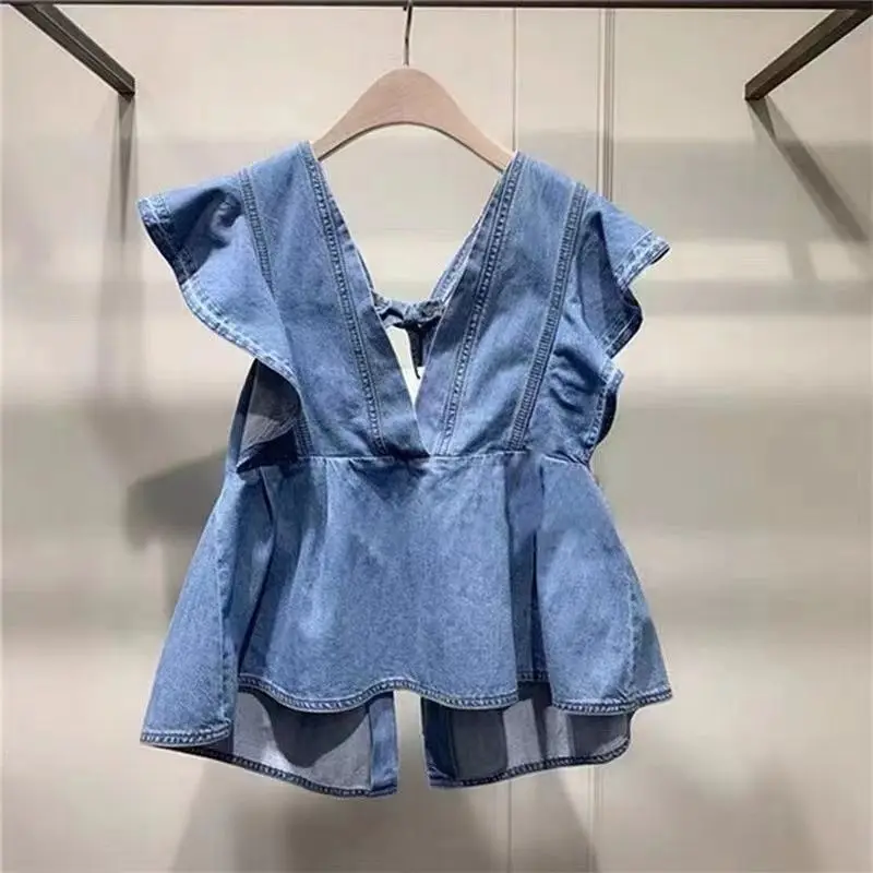 Blusas Mujer De Moda Verano Elegantes Women\'s V-neck High Waist Slim Ruffled Back Lace Up Denim Shirts Blouse Women Doll Top