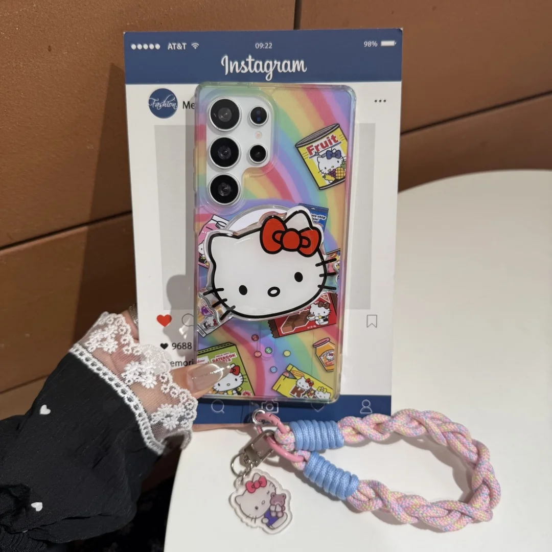 3D Fun Candy Hello Kitty with Magnetic Holder Case For Samsung Galaxy S23 S24 Plus S23 S25 Rainbow Color Wireless Charge Cover