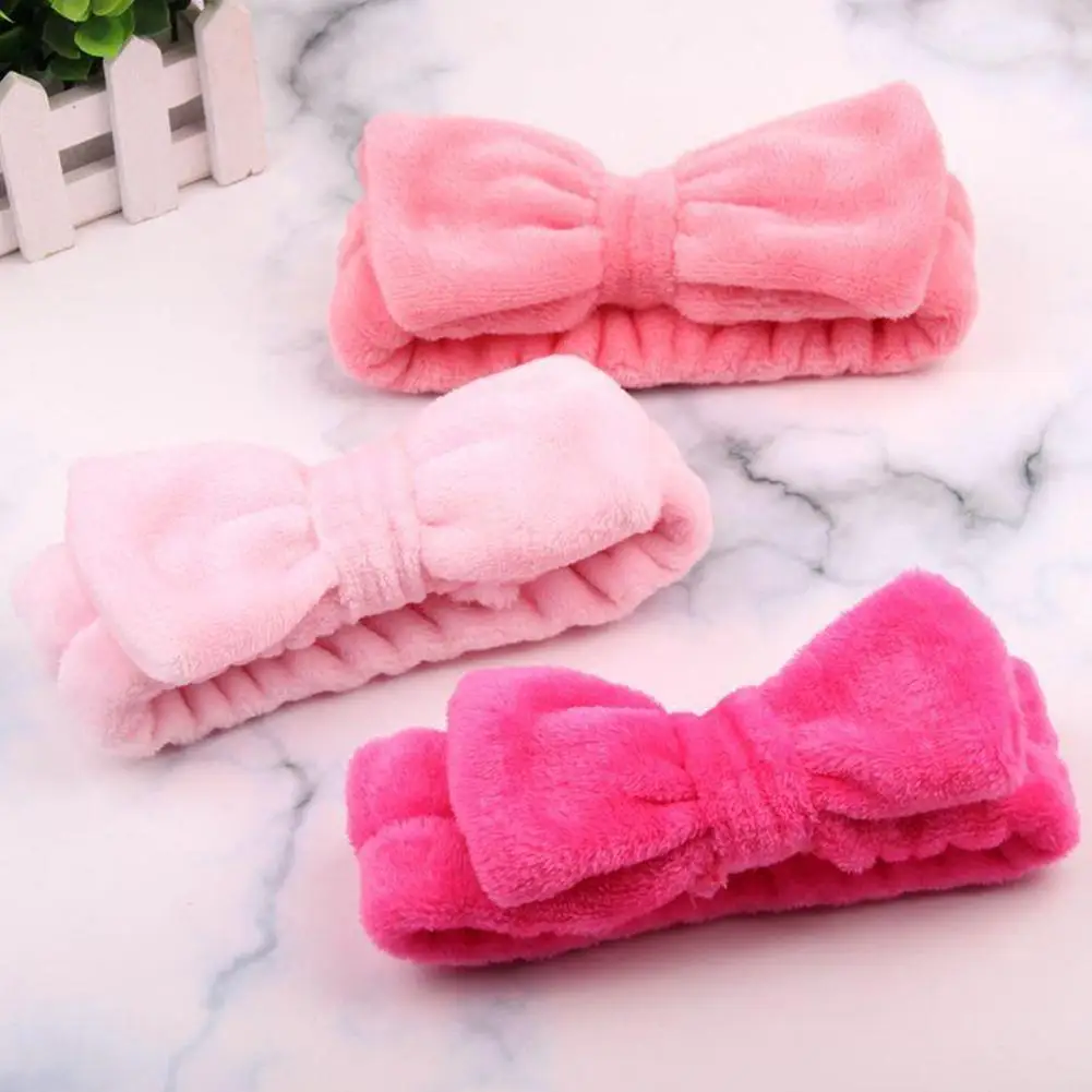 Women Solid Bow Headbands Coral Fleece Makeup Spa Wash Wrap Turban Head Hair Face Accessories Hairbands Girls Band Towel He G0X3