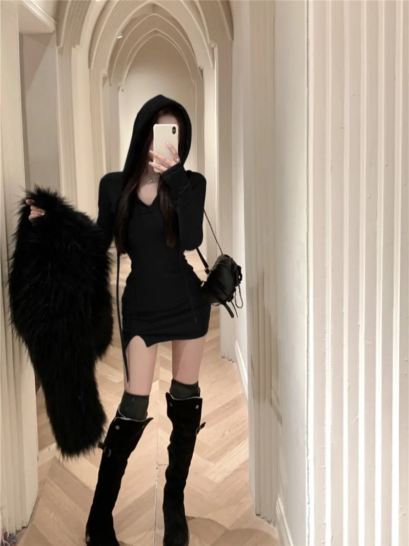 

American Sle Hot Girl Long Sve Hooded Dr Women's Autumn New Classy Waist Cinching Slimming Tight Fit ort Skirt