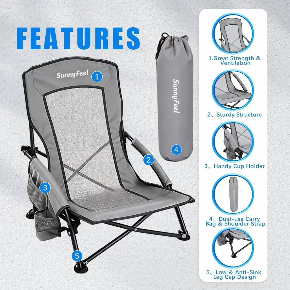 Folding Low Camping Beach Chair 2 Pack, Lightweight Portable Lawn Chair with Mesh Back, Cup Holder for Outdoor Travel Picnic Concert, Foldable Camp Backpack Chair with Carry Bag - view 4