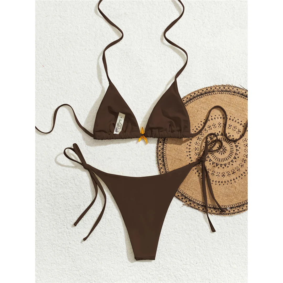 XS - L Metall-Stern-Halterneck-Bikini mit hohem Beinausschnitt, zweiteiliger Damen-Bikini, Badeanzug, Badebekleidung, Badeanzug, Schwimmbekleidung V6633 – Detail 7