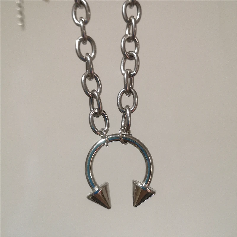 Hip Hop Punk Sliver Color Stainless Steel Geometry Pendant Chunky Chain Choker Necklace For Men Women Gothic Y2K Grunge Jewelry