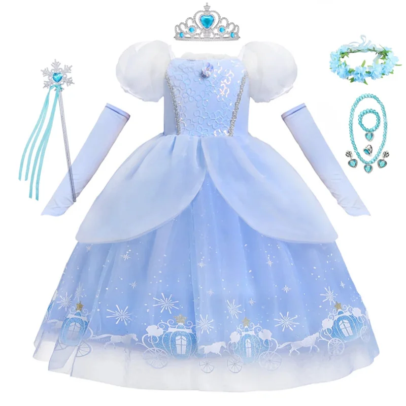 Cinderella Princess Cosplay Dress for Girl Kids Ball Gown Sequin Carnival TUTU Puff Mesh Clothing for Birthday Gift Summer Dress