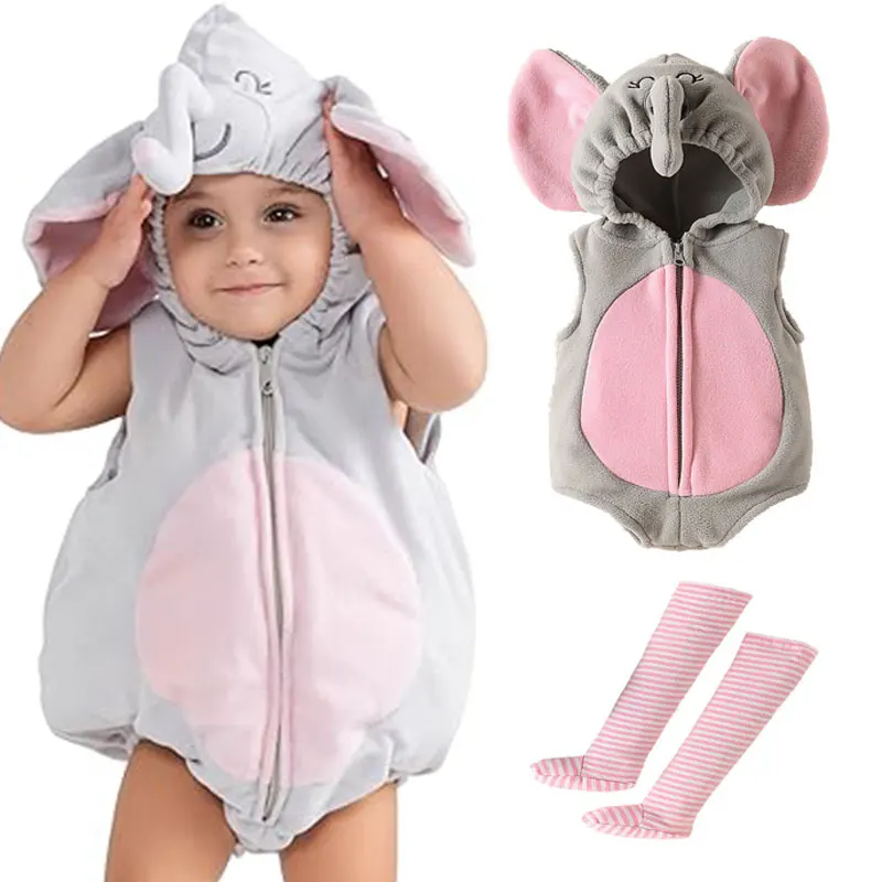 

0-18M Infant Baby Elephant Costume Girls Hooded Sleeveless Bodysuit Romper With Pink Striped Stockings Umorden