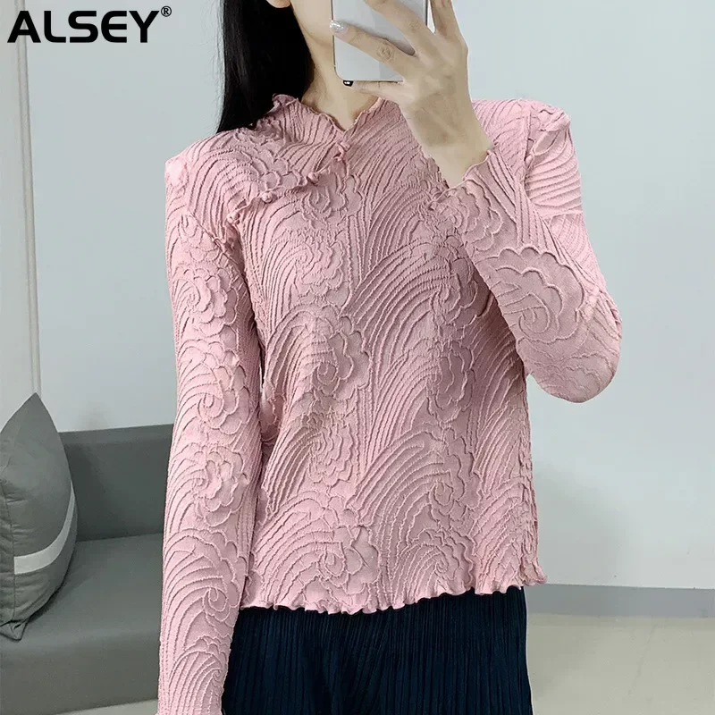 

ALSEY Miyake New Pleated Chinese National Wind Plate Buckle Long-sleeved T-shirt for Women's Bottoming Outside Slim Pleated Top