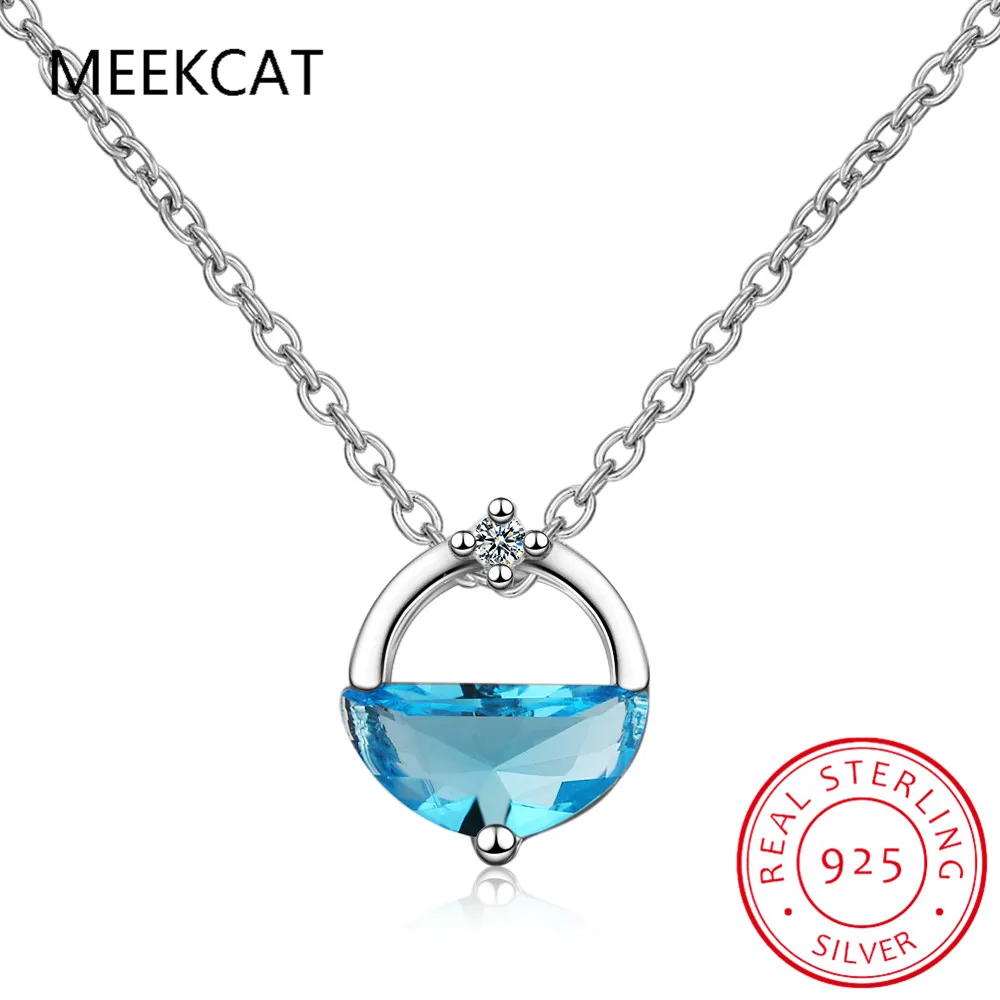 Half Round Natural Blue Topaz 925 Sterling Silver Spring Water Pendant Necklace for Woman Gemstone Fine Jewelry