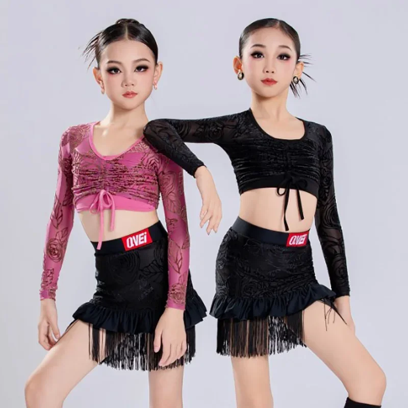 ชุดเต้นลาตินสำหรับเด็กผู้หญิง เสื้อพิมพ์ลายผูกเชือกและกระโปรงพู่สำหรับฝึกซ้อม ชุดเต้นรำบอลรูม รุมบ้าสำหรับเด็ก