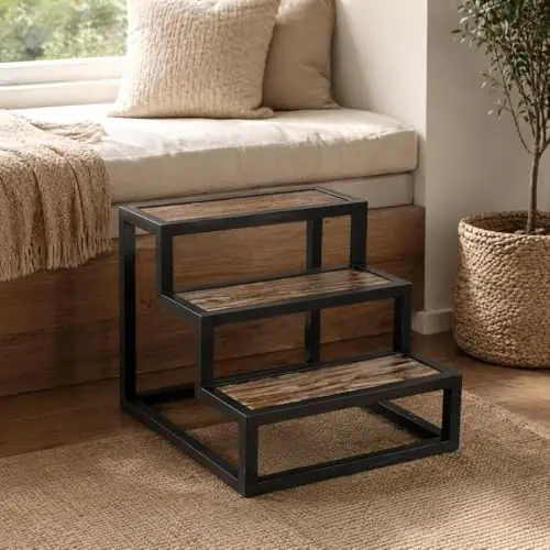 Acacia Hardwood Three Step Stool for Adults and Kids, Bed Stepstool with Anti-Slip Bottom, Heavy Duty for Kitchen