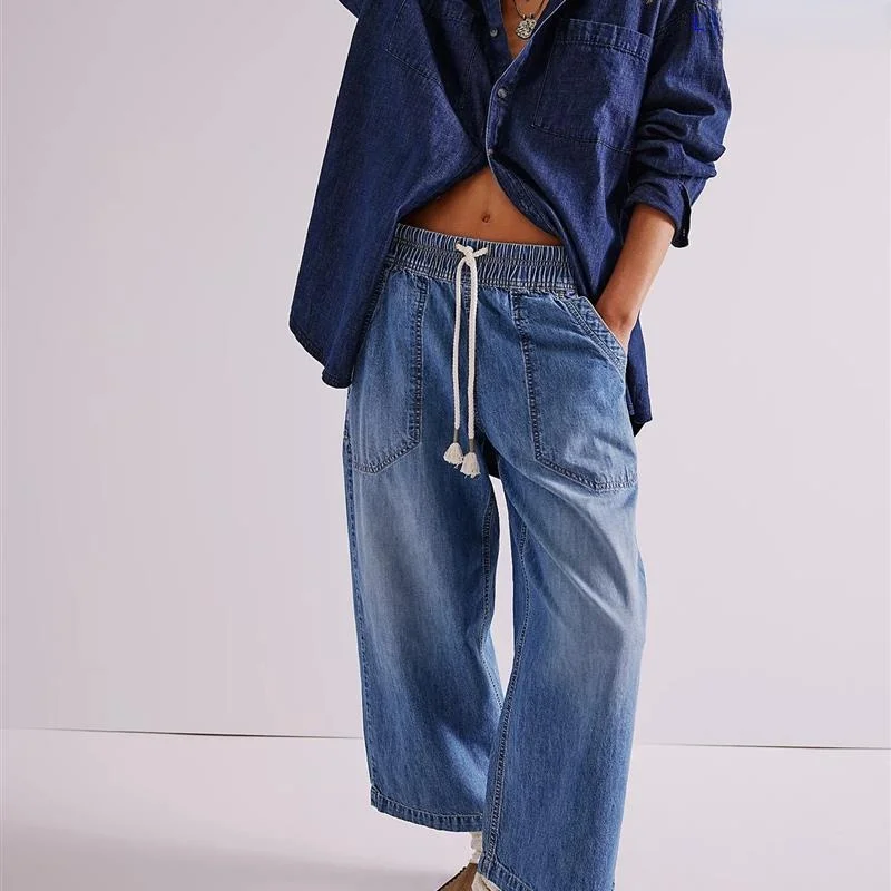 

Loose Straight Leg Jeans Elastic Waist Dstring Casual Straight Cut Trousers for Women LinJ New Sle European Sle