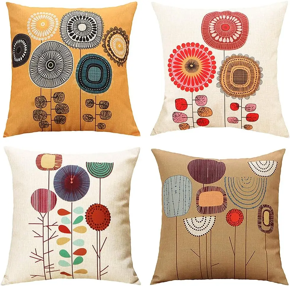 Cartoon Flower Pattern Cushion Cover Decorative Pillow Cover 40x 40 4 Pack  Autumn home decorations