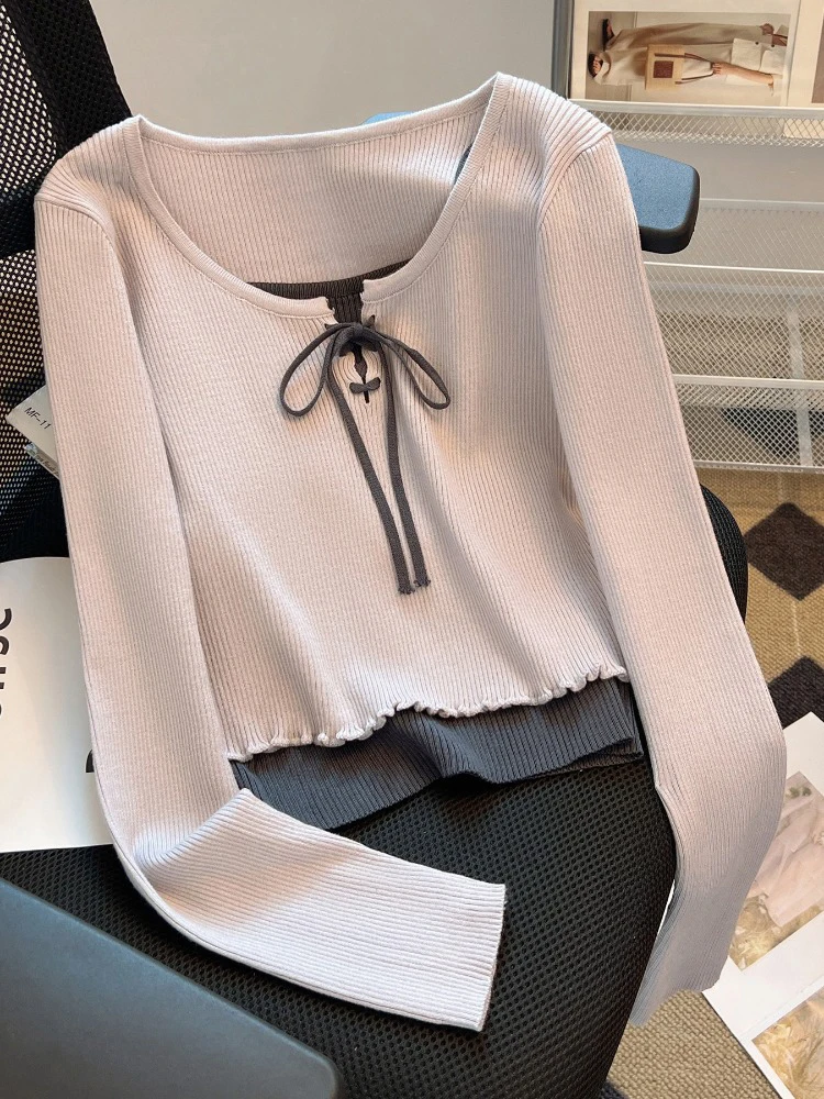 Women's Contrast Color Knitted Sweater Spring Autumn Long Sleeved Pullover Camisole 2Pcs Female Clothing Fashion Casual Bow Tops