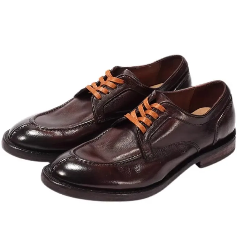 

Мужские деловые туфли из натуральной кожи, британский стиль, повседневные, с кожаной подошвой, ретро, состаренные, ручной работы, рабочие дерби