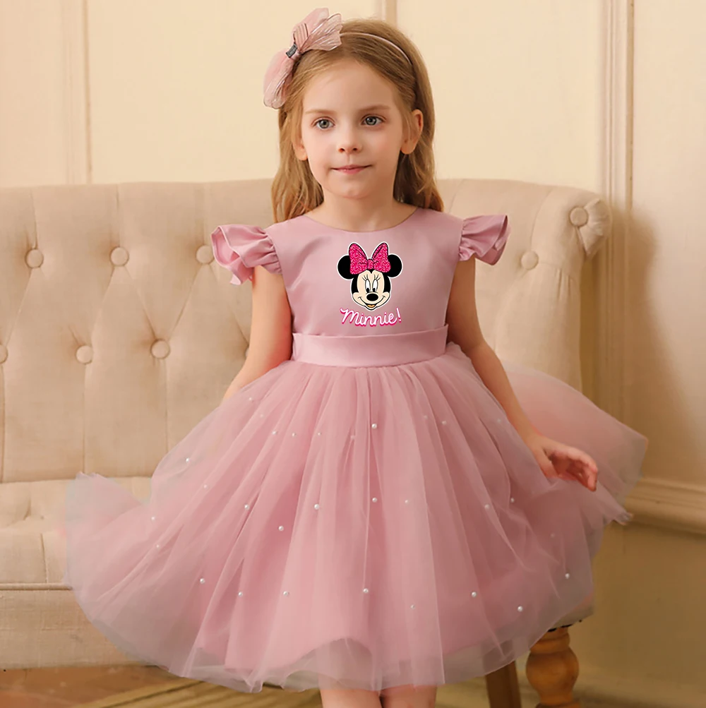 

Mickey Minnie Girls Pearls Dress Elegant Princess Wedding Gown Kids Dresses For Girl Children Birthday Party Tulle Dress 3-8Y
