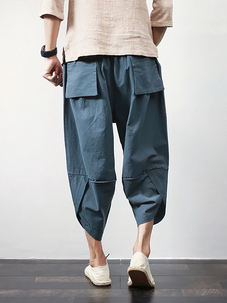 Beach Summer Cotton Linen Cargo Shorts Men Baggy Wide leg Casual Capris Pants Male Sport Running Shorts 2025 Harem Trousers