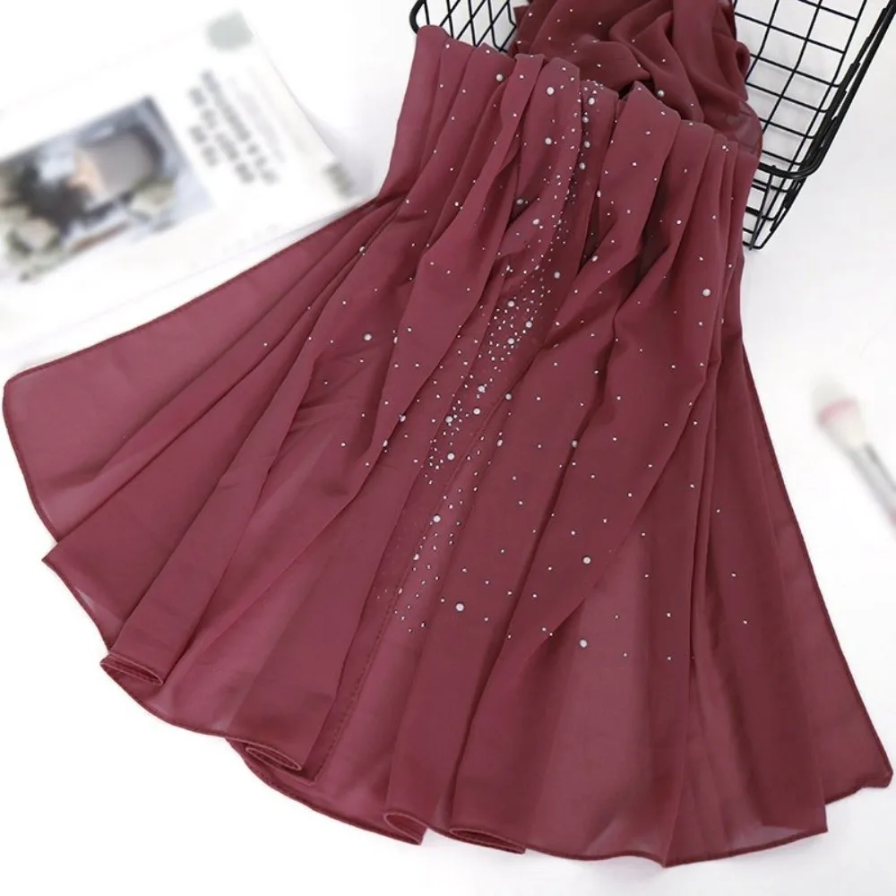 

New Plain Hijab Shawls Solid Color Pearl Beads Head Wraps Breathable Thick Chiffon Scarf