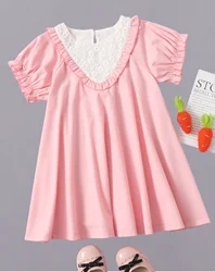 Sweet pink princess dress for girls - exquisite lace neckline design