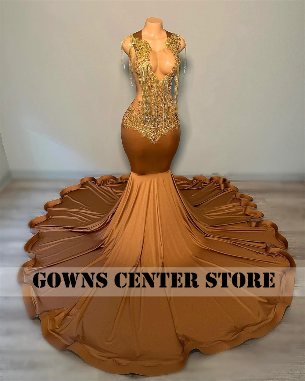 Coco Brown Mermaid Gold Rhinestones Prom Dresses For Party Wedding Evening Beaded Formal Dress V Neck Party Gowns Customized