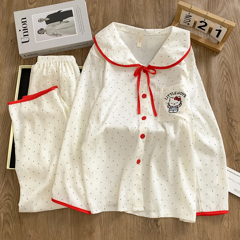 

Женские пижамы Hello Kitty Kawaii с героями мультфильмов для девочек, осенний комплект домашней одежды с длинными рукавами и длинными штанами, хлопковый комплект домашней одежды с лацканами