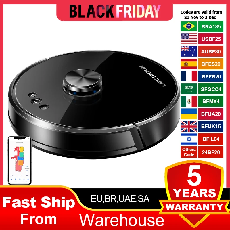 Liectroux/LILIN XR500 Robot Vacuum Cleaner,Laser System,6500Pa,Smart Home Appliance,Restricted Area Map,Zone Cleaning for Carpet