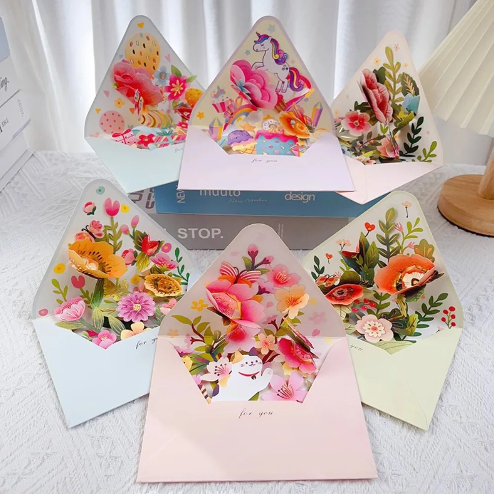 Romantic Flower Birthday Christmas Card with Envelope Paper Flowers Postcard 3D Pop-up Valentines Gifts