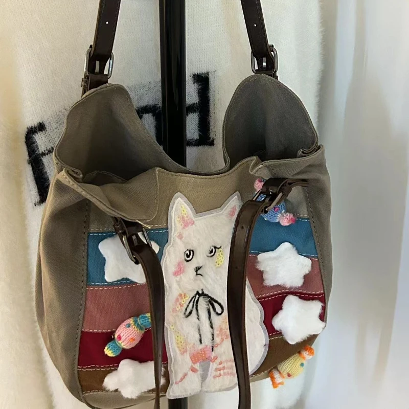 Contrast Color All Match Vintage Women's Handbags Kawaii Sweet Star Cat Shoulder Underarm Bag Patchwork Fashion Trendy Tote Bags