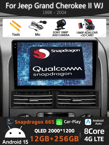 Jeep Grand Cherokee II WJ 1998 - 2004 GPS NAVI 2DIN QLED 헤드 유닛 BT 4G WIFI Qualcomm LTE 5G 비디오 용 Android 15 차량용 라디오