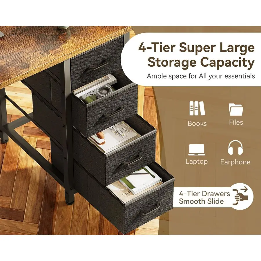 40 Inch Small Computer Desk with 4 Fabric Drawers, Modern Writing PC Desk for Small Spaces, Study amp Home Office Desk with Stor