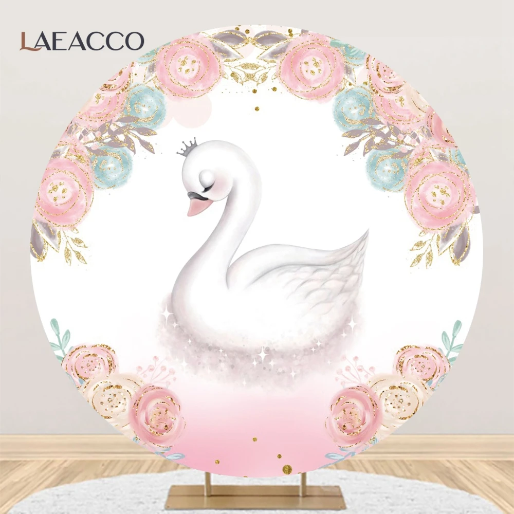 Swan Baby Shower Round Background Cover Pink Flowers Girls Princess Birthday Decoration Elasticity Circle Photography Backdrop