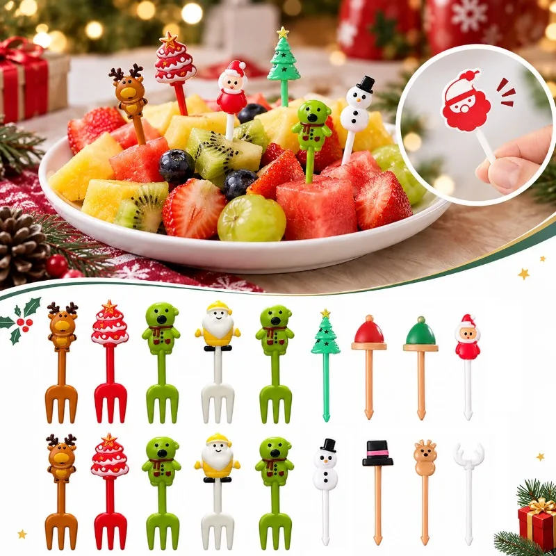 Christmas Fruit Forks Plastic Xmas Cupcake Toppers Santa Claus Snowman Elk Cookie Toothpicks Cake Decorations Party Tableware