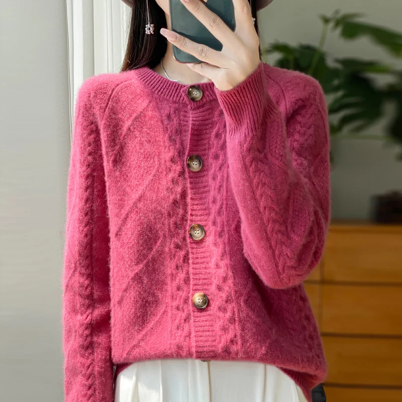 Women Autumn Winter Cashmere Sweater Thick Cardigan 100% Merino Wool O-Neck Knitwear Female  Soft Casual Rhombus Knitting Top