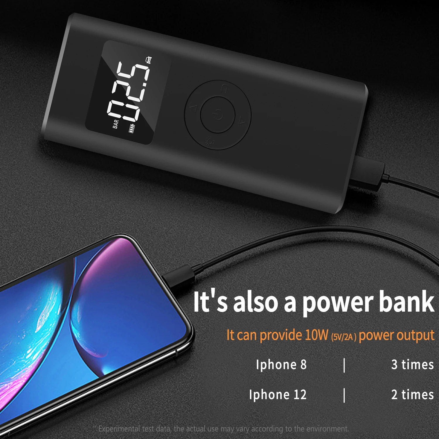 مضخة قابلة للنفخ محمولة بقوة 5000 مللي أمبير في الساعة مع منافذ USB ومصباح يدوي للسيارات والدراجات النارية