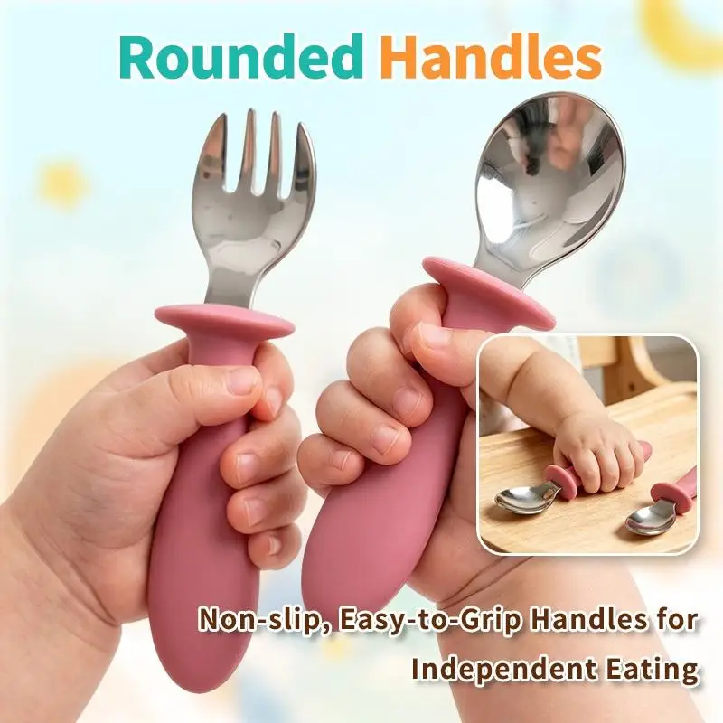 @*BPA Free Stainless Steel Baby Self Feeding Set Strong Suction Divided Plate Bowl Spoon Fork for Daily Dining