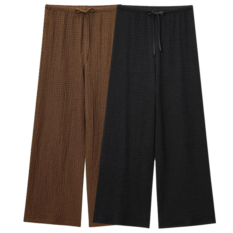 HXAO المرأة محكم السراويل الفضفاضة صيف 2025 أسود براون بنطلون الدانتيل متابعة عالية الخصر فضفاض مستقيم صالح بنطلون سراويل تقليدية