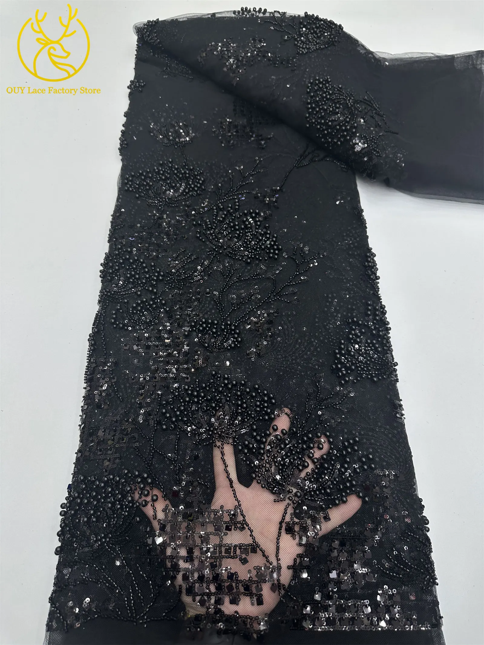 Goldener afrikanischer Spitzenstoff, französischer Mesh-Spitzenstoff mit Pailletten und Perlen für Party- und Abendkleider, zum Nähen von afrikanischen Spitzenstoffen für Damen – Detail 18