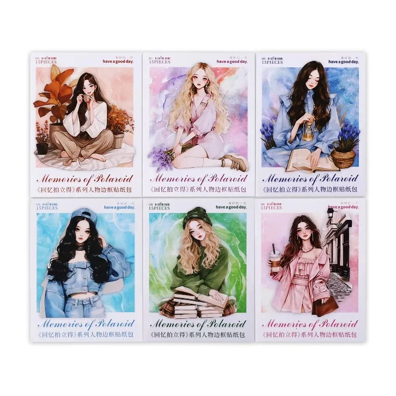 15Sheets PET Sticker Pack Memory Polaroid character border Background Account Material package Scrapbook cut 115*77mm
