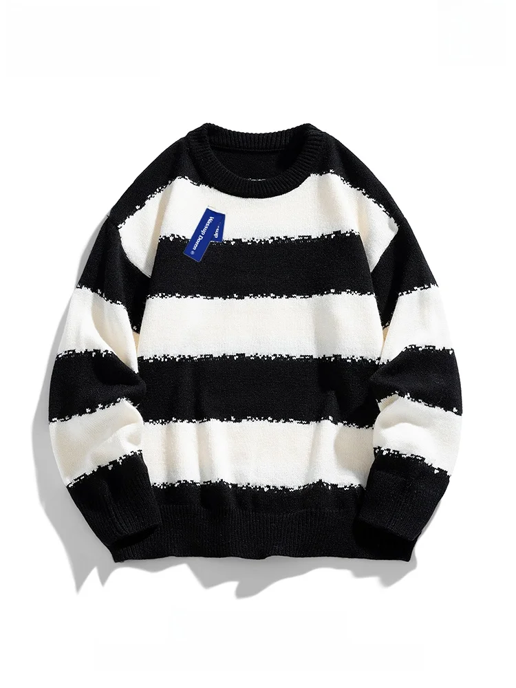 

Wassup Dozen Men's Fce Lined Thiened Loose Fit round Ne Knitwear Winter Casual Wear Bla White Striped Knitted Sweater